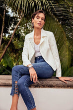 denim ankle pant with embellished cut out hem -241900