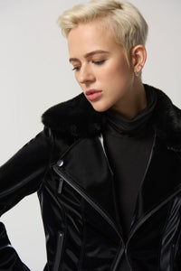 black gloss finish Moto jacket with removable faux fur collar -233928