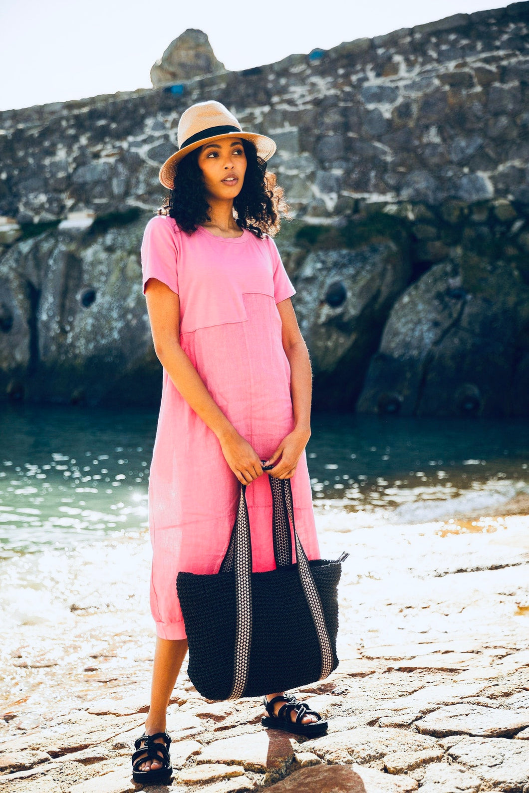 raised seam short sleeve linen dress-S24137/137F