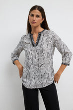 black/wht print tunic blouse with embroidered trim-ASA