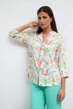 3/4 sl silky orange prt blouse with embroidered placket -ANTONILA