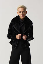 black gloss finish Moto jacket with removable faux fur collar -233928
