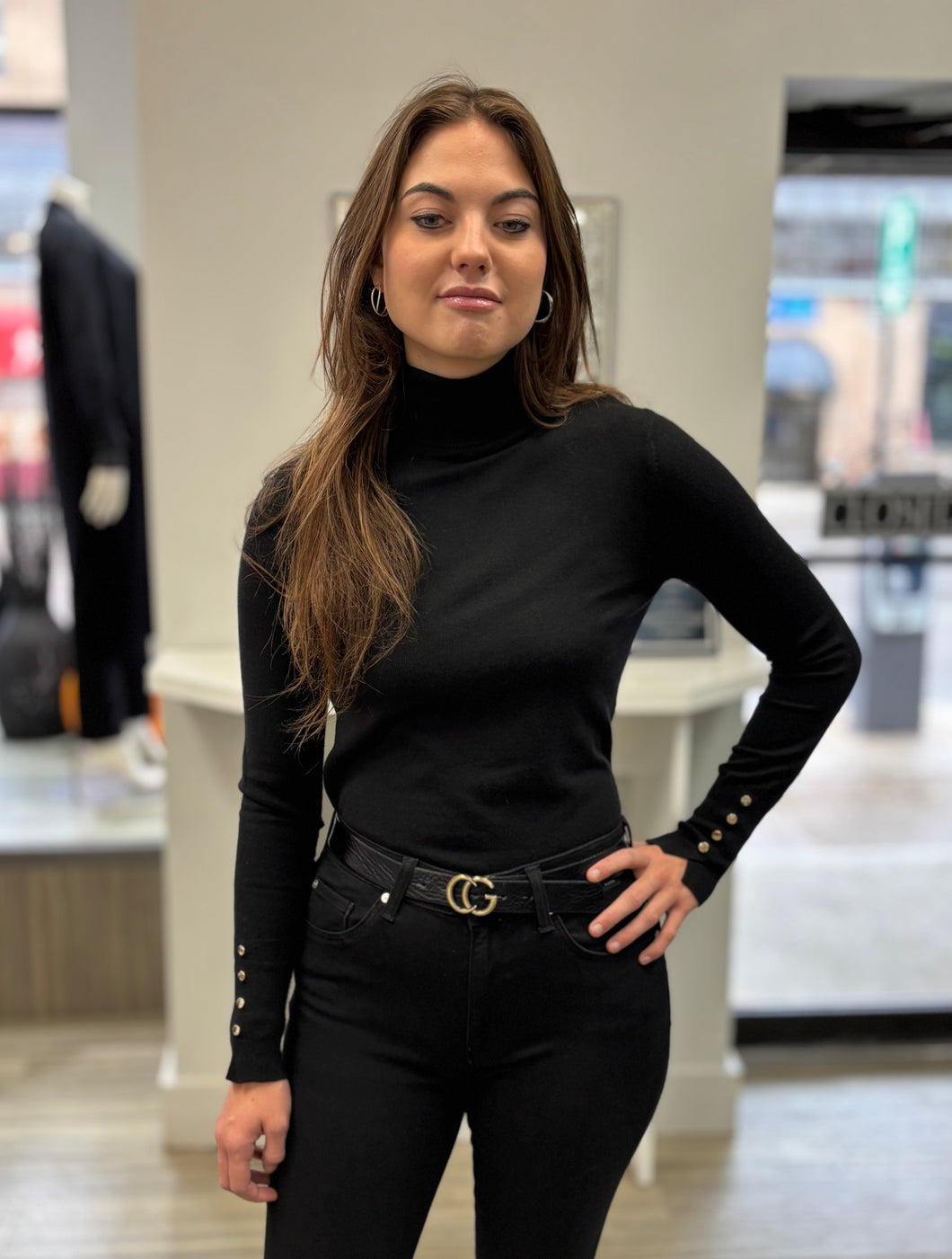 tneck with button cuff-LF90324-blk