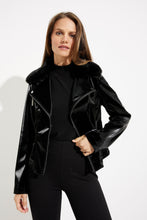 black gloss finish Moto jacket with removable faux fur collar -233928