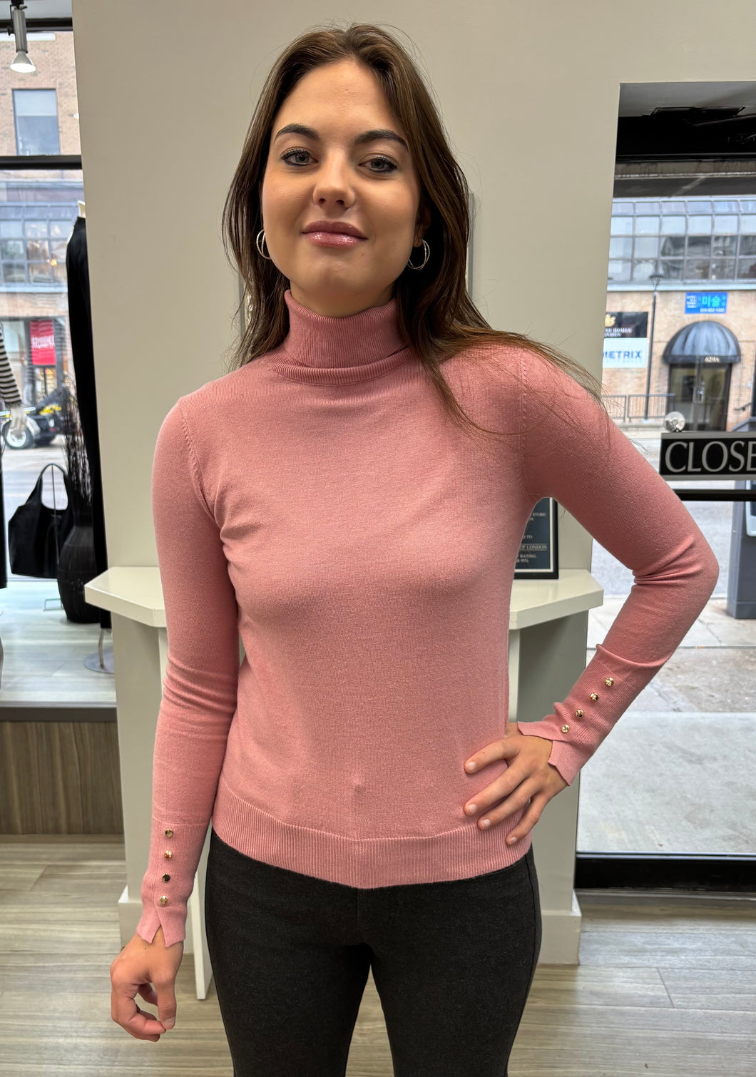 tneck with button cuff-LF90324-pnk