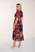 Navy/coral print dress with sheer sleeves and hem  - 266440