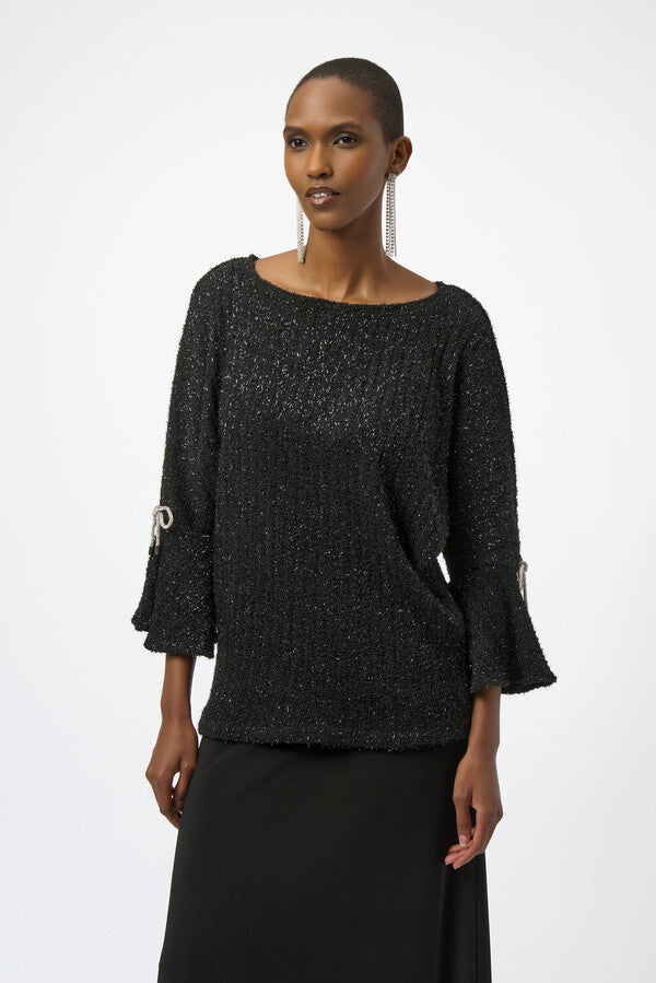 Fuzzy sweater with bow embellished sleeves - 254098