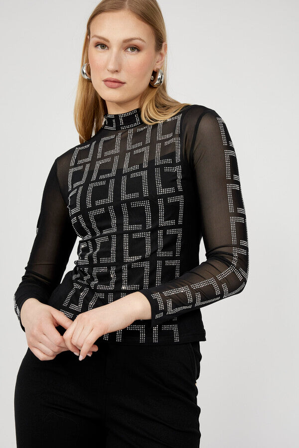 Black mesh black/silver sparkle mock neck top -253706