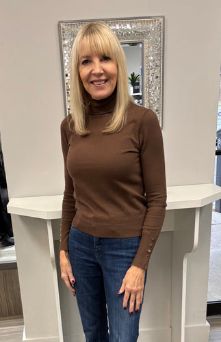 tneck with button cuff-LF90324-brn