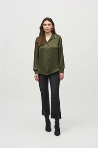 Satin blouse with bead trim notched collar -244101