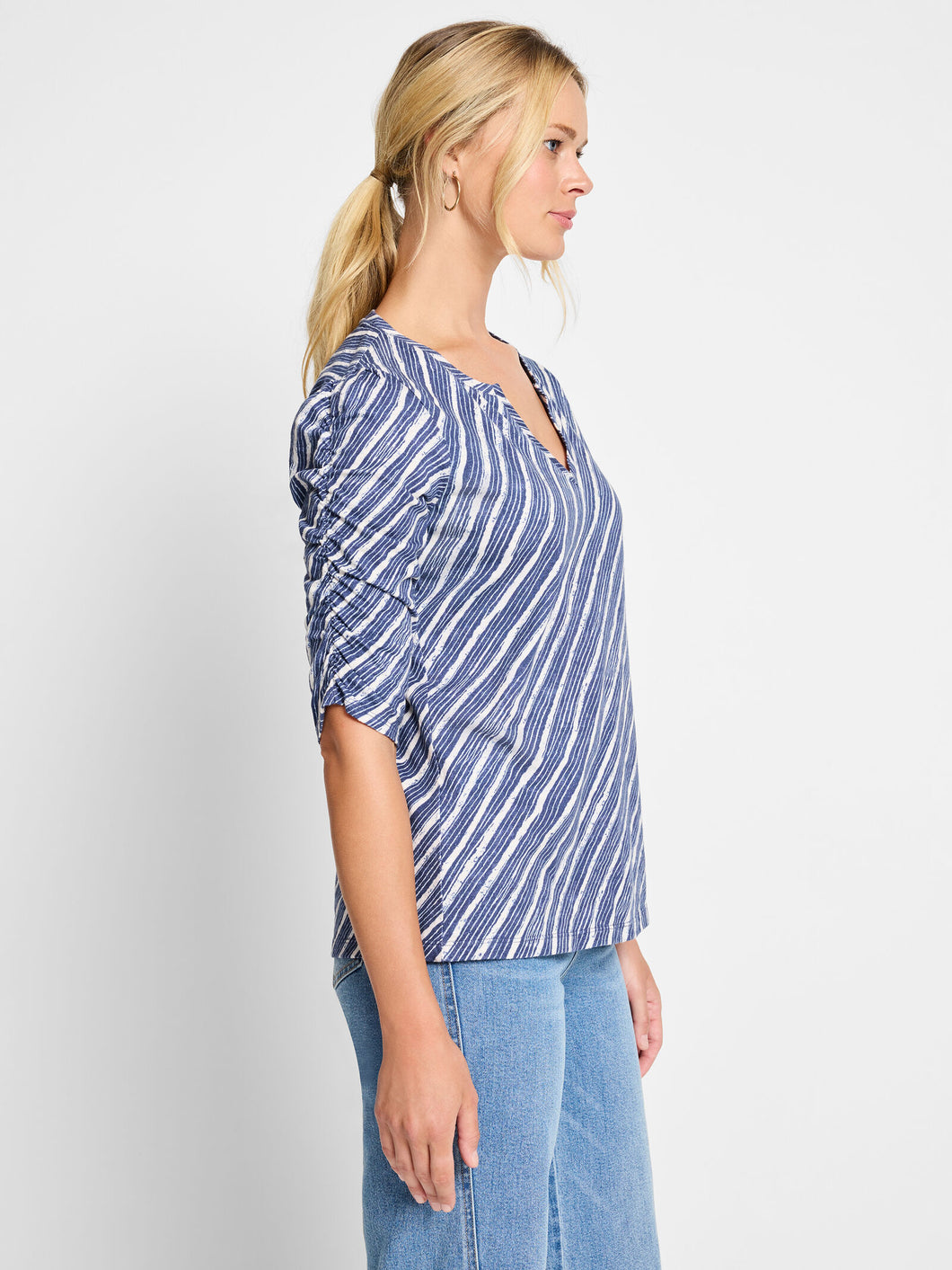mixed stripe ruched sleeve top-NZTS252025-SP5C