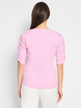 ruched elbow sleeve split neck top-NZTS251026-pnk