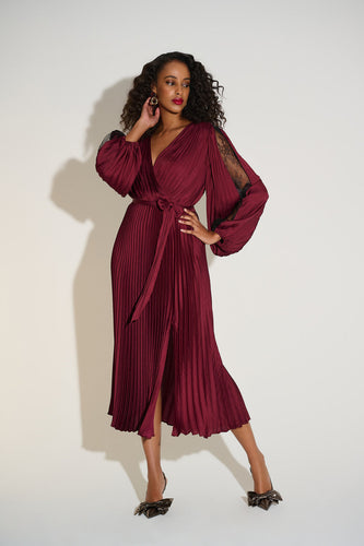 Full sleeve pleated dress with lace sleeve insets - 253775