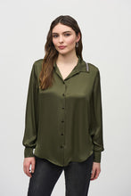 Satin blouse with bead trim notched collar -244101