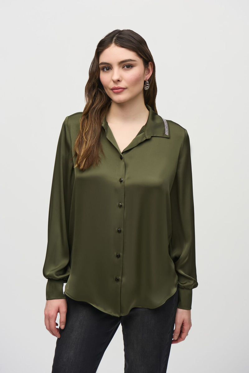 Satin blouse with bead trim notched collar -244101