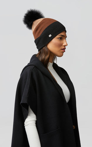 Colour block knit hat with removable pompoms-novah