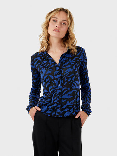 Black/blue print LS jersey top w buttons-22002039