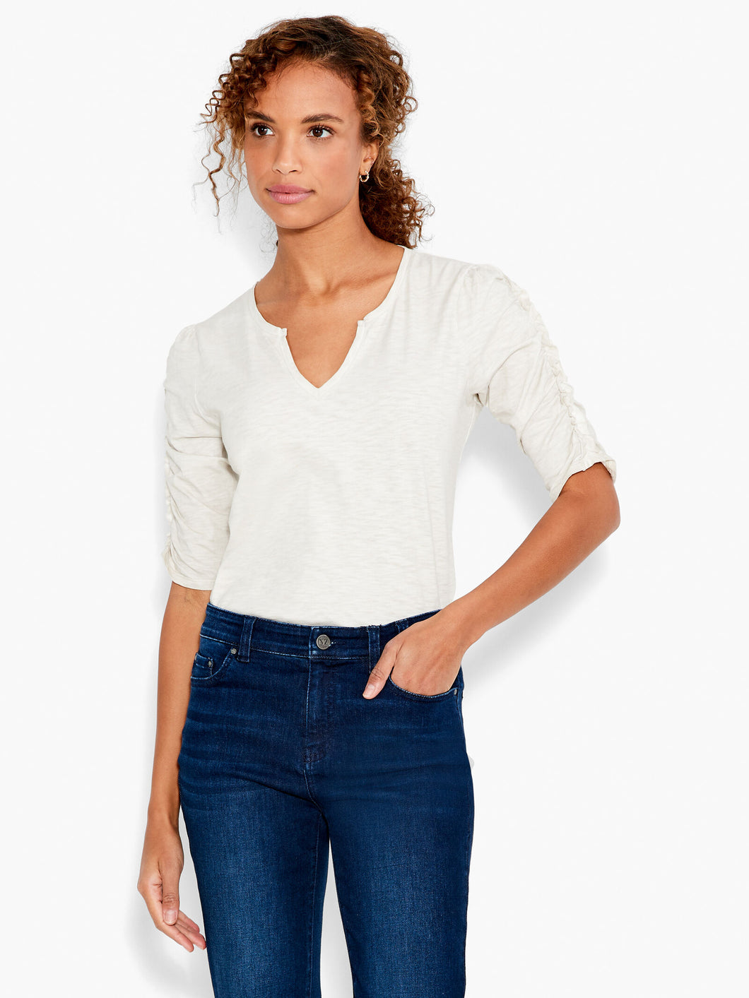 ruched elbow slv split nk top-NZTS231026