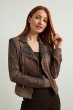 brown moto jacket w prt coll/sleeve-213964