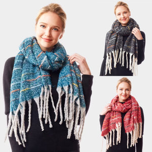 Textured tweed blanket scarf with fringe