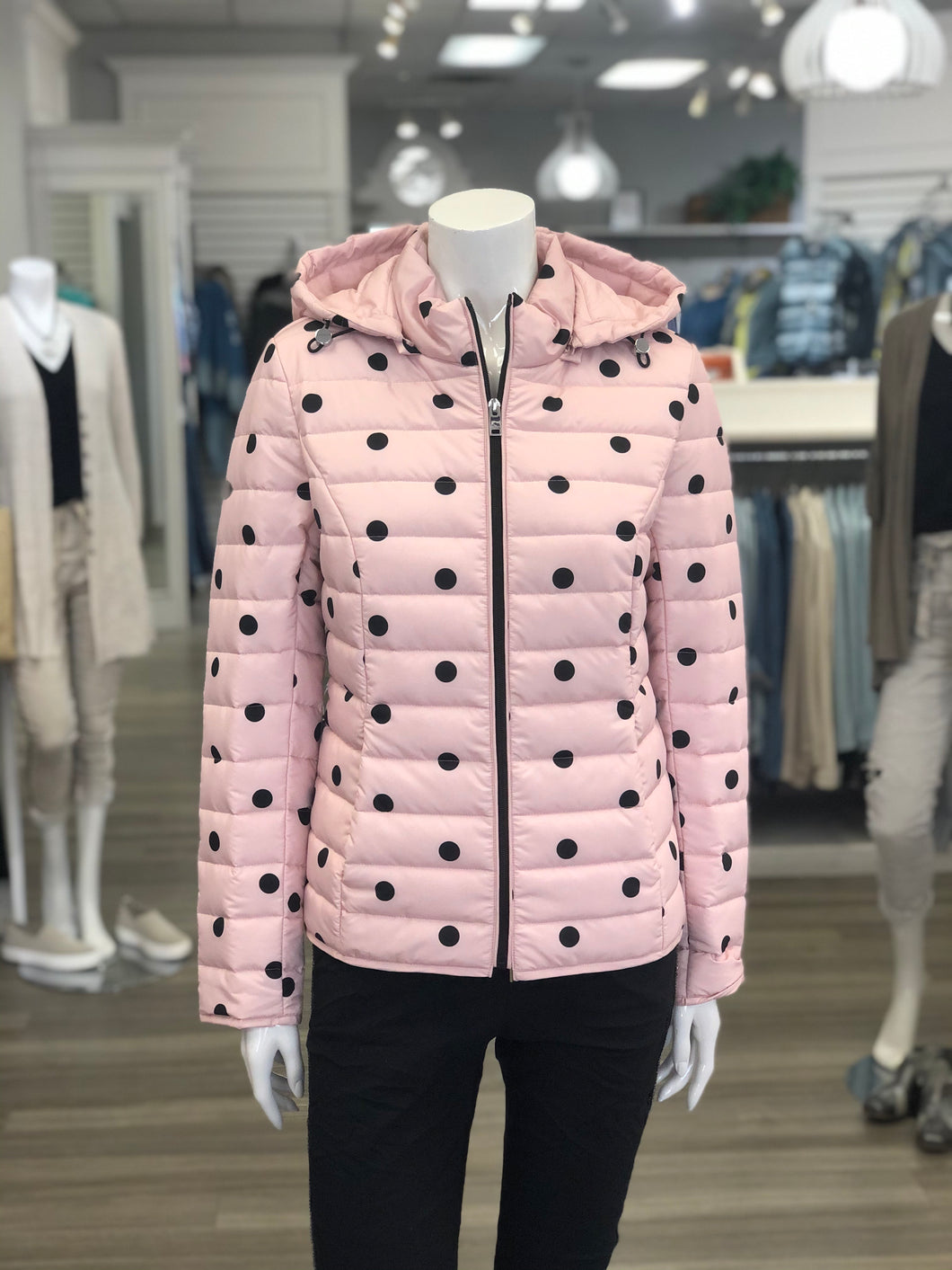 Pale pink/ black dot puffer jacket