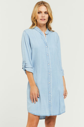 fringe trim chambray shirt dress-GLW-50814