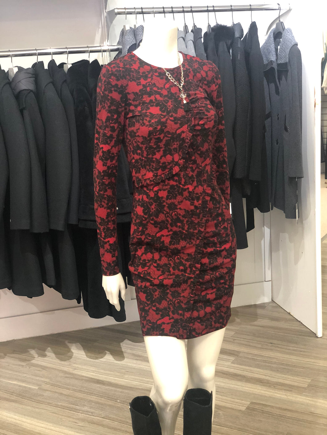 Michael Kors red/black lace print dress with ruffle edge detailing - 8000072786