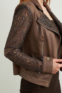 brown moto jacket w prt coll/sleeve-213964