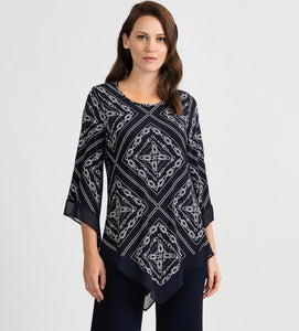 navy/ white print 3/4 sleeve tunic with georgette trim