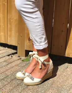 Tie wedge espadrille with embellished toe