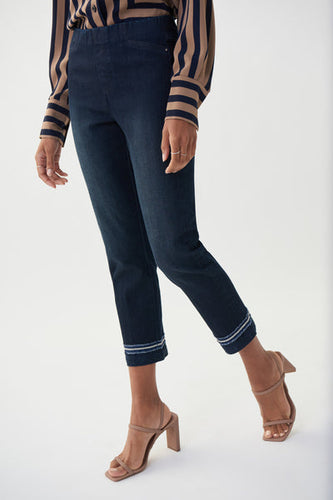 Straight leg pull on dark jean emb hemline-222923