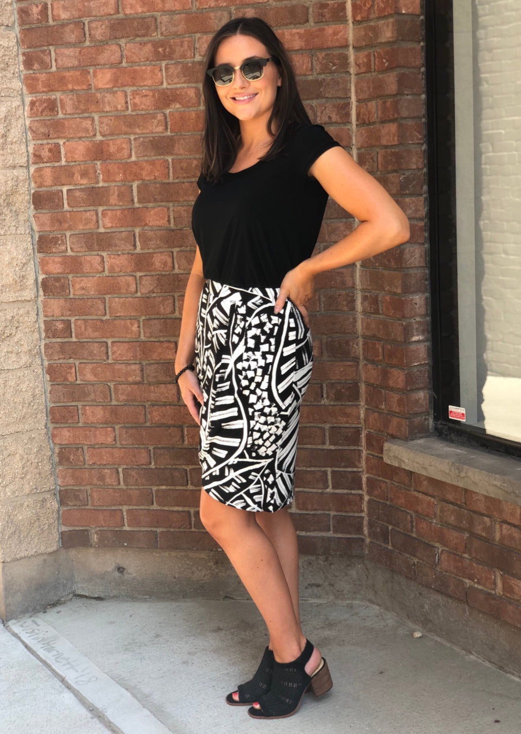 Printed faux wrap jersey skirt