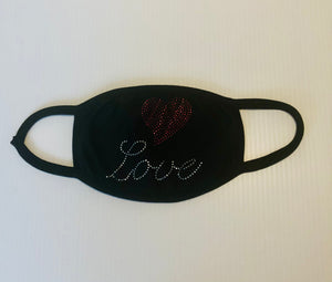 Love with red heart beading black cotton mask