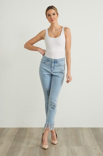 denim ankle jean w glitter patches and fray edge hem-212927