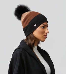 Colour block knit hat with removable pompoms-novah