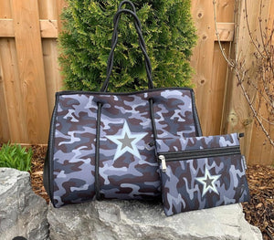 camo star print neoprene tote bag- organizer bag inside