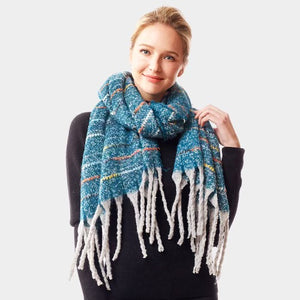 Textured tweed blanket scarf with fringe