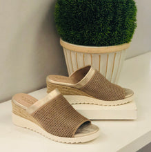 perforated suede wedge slide with metallic leather trim