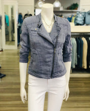 Linen Moto jacket available in dusty blue and navy