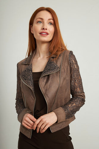 brown moto jacket w prt coll/sleeve-213964